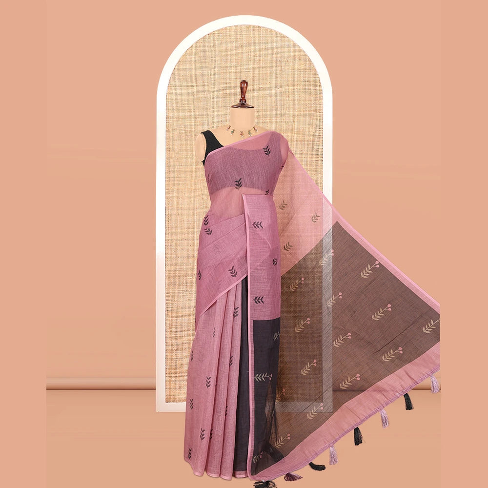 Pothys Borderless Dusky Rose Linen Cotton Saree with Leaf Print, a Contrast Leaf-Printed Pallu, and Contrast Blouse