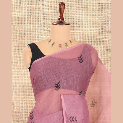 Pothys Borderless Dusky Rose Linen Cotton Saree with Leaf Print, a Contrast Leaf-Printed Pallu, and Contrast Blouse