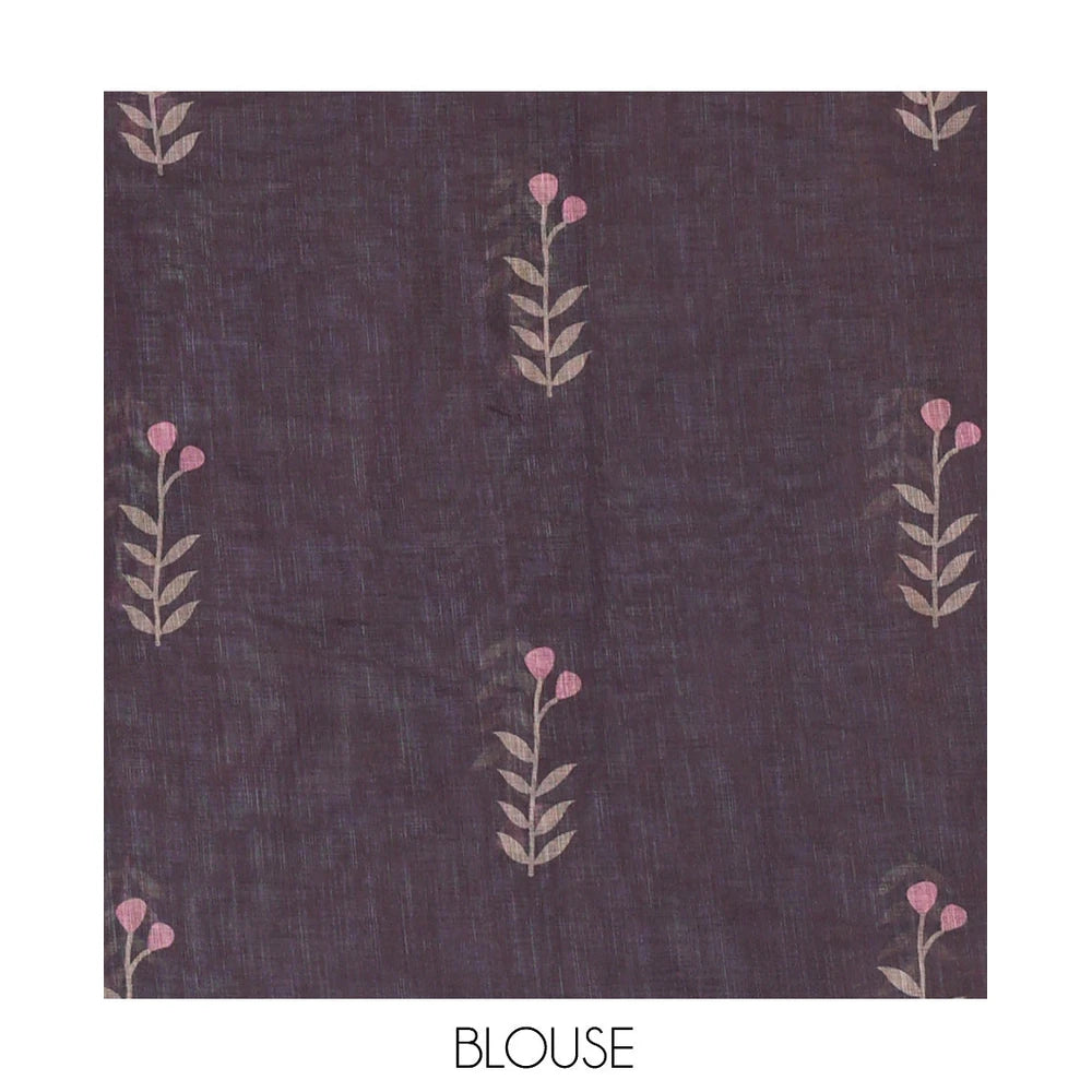 Pothys Borderless Dusky Rose Linen Cotton Saree with Leaf Print, a Contrast Leaf-Printed Pallu, and Contrast Blouse