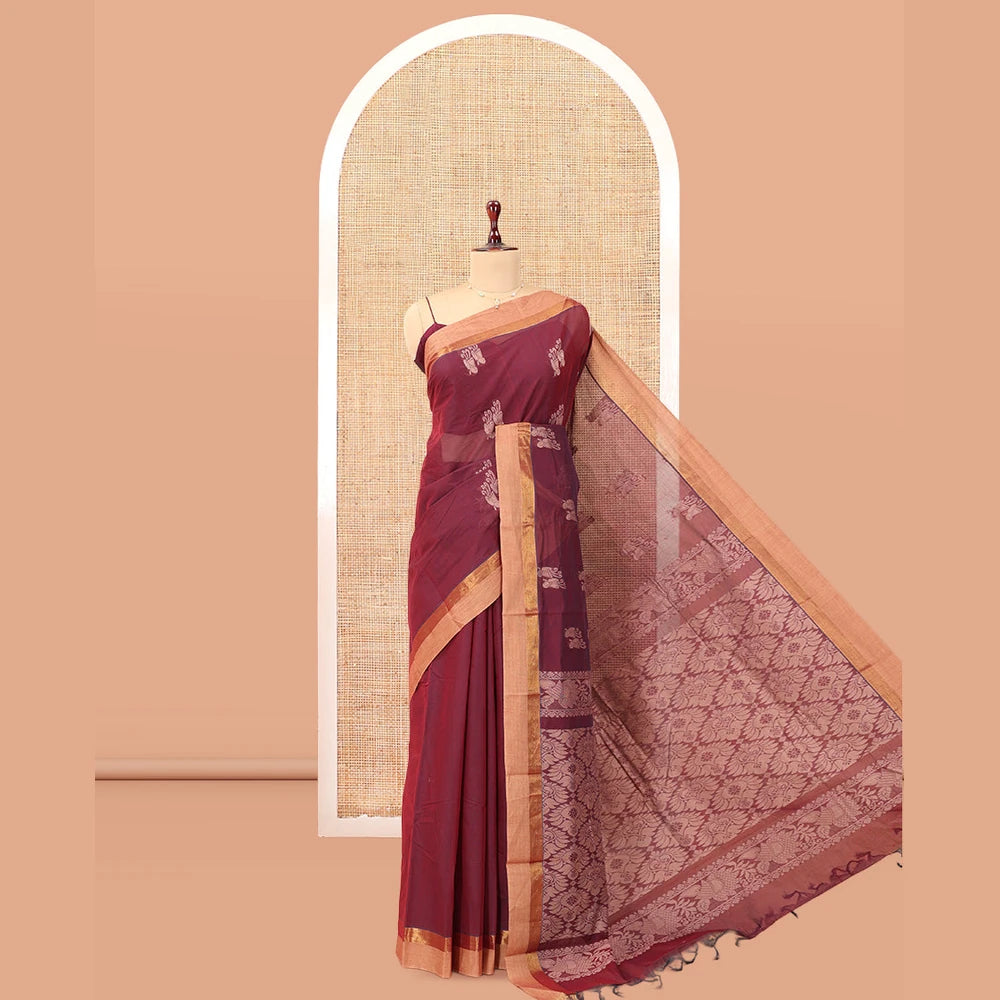 Pothys Maroon Kanchi Cotton Saree, Subtly Woven with Buttas, a Contrast Zari Border, Intricate Pallu, and a Matching Blouse