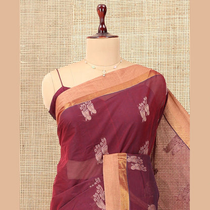 Pothys Maroon Kanchi Cotton Saree, Subtly Woven with Buttas, a Contrast Zari Border, Intricate Pallu, and a Matching Blouse
