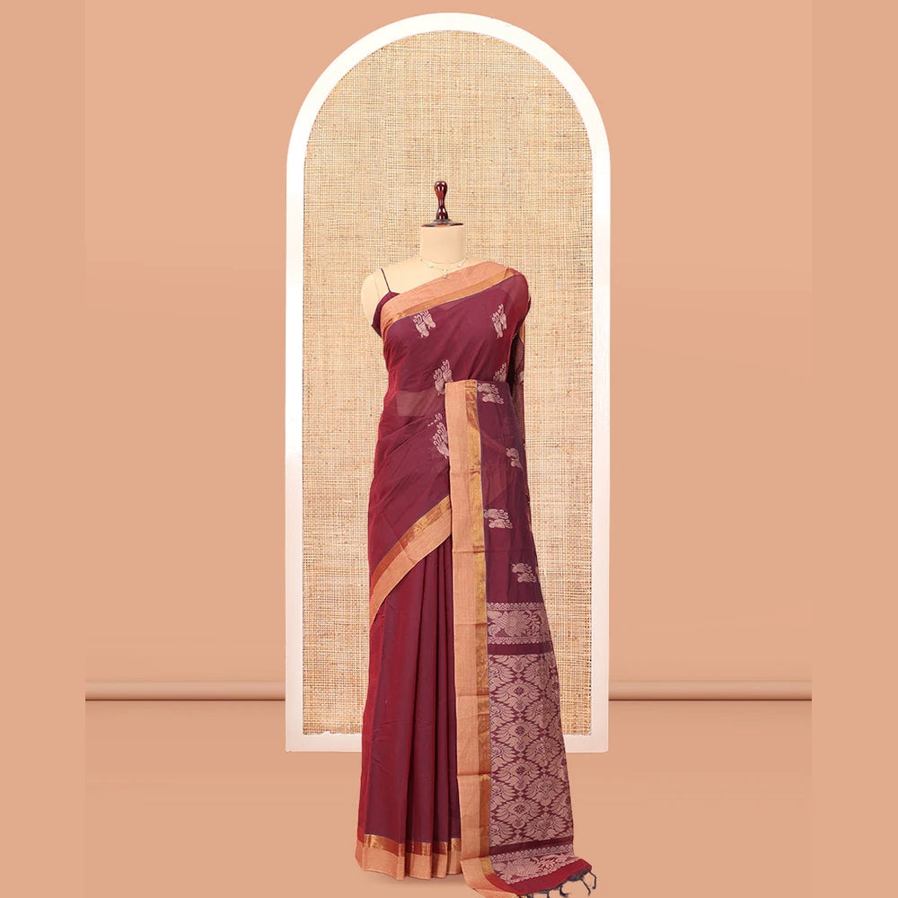 Pothys Maroon Kanchi Cotton Saree, Subtly Woven with Buttas, a Contrast Zari Border, Intricate Pallu, and a Matching Blouse