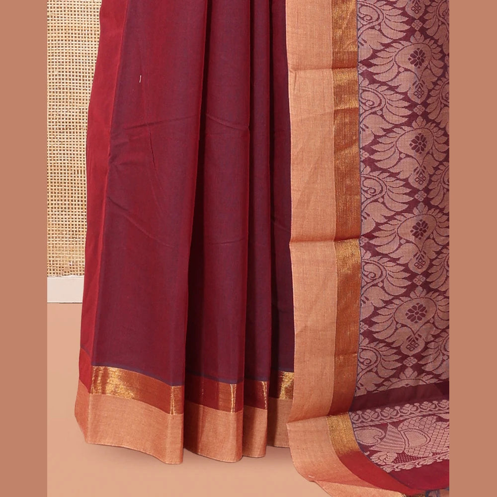 Pothys Maroon Kanchi Cotton Saree, Subtly Woven with Buttas, a Contrast Zari Border, Intricate Pallu, and a Matching Blouse