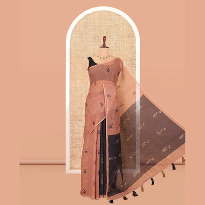 Pothys Borderless Brown Linen Cotton Saree with Leaf Print, a Contrast Leaf-Printed Pallu, and Contrast Blouse