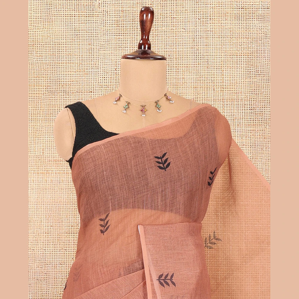 Pothys Borderless Brown Linen Cotton Saree with Leaf Print, a Contrast Leaf-Printed Pallu, and Contrast Blouse