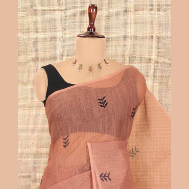 Pothys Borderless Brown Linen Cotton Saree with Leaf Print, a Contrast Leaf-Printed Pallu, and Contrast Blouse