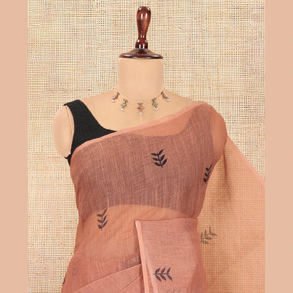Pothys Borderless Brown Linen Cotton Saree with Leaf Print, a Contrast Leaf-Printed Pallu, and Contrast Blouse