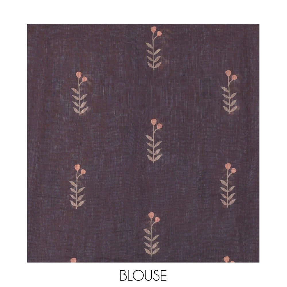 Pothys Borderless Brown Linen Cotton Saree with Leaf Print, a Contrast Leaf-Printed Pallu, and Contrast Blouse