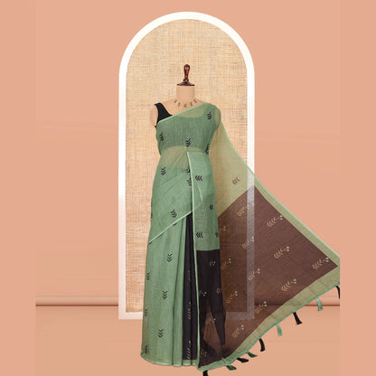 Pothys Borderless Olive Green Linen Cotton Saree with Leaf Print, a Contrast Leaf-Printed Pallu, and Contrast Blouse