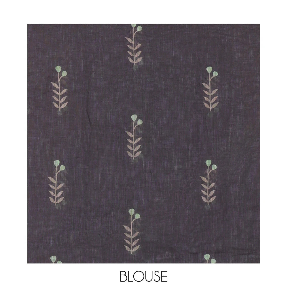 Pothys Borderless Olive Green Linen Cotton Saree with Leaf Print, a Contrast Leaf-Printed Pallu, and Contrast Blouse