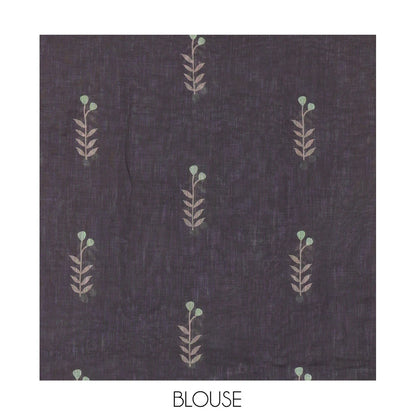 Pothys Borderless Olive Green Linen Cotton Saree with Leaf Print, a Contrast Leaf-Printed Pallu, and Contrast Blouse