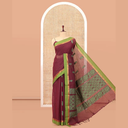 Pothys Brown Kanchi Cotton Saree, Woven with Thread Buttas, a Contrast Border, Intricate Pallu, and a Matching Blouse