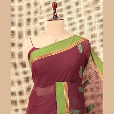 Pothys Brown Kanchi Cotton Saree, Woven with Thread Buttas, a Contrast Border, Intricate Pallu, and a Matching Blouse