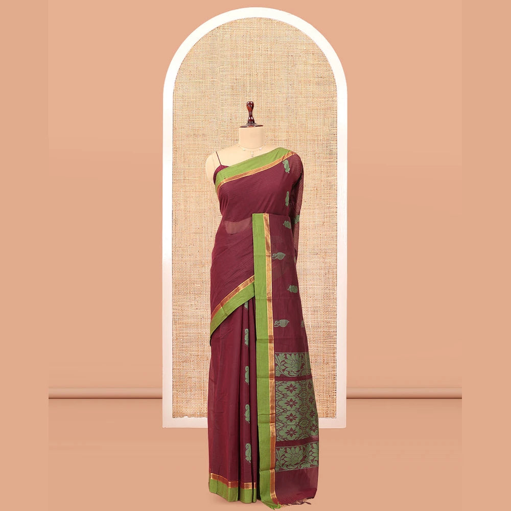 Pothys Brown Kanchi Cotton Saree, Woven with Thread Buttas, a Contrast Border, Intricate Pallu, and a Matching Blouse