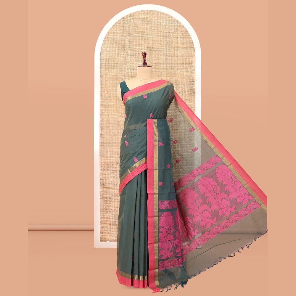 Pothys Green Kanchi Cotton Saree, Woven with Thread Buttas, a Contrast Border, Floral Design Pallu, and a Matching Blouse