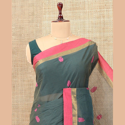 Pothys Green Kanchi Cotton Saree, Woven with Thread Buttas, a Contrast Border, Floral Design Pallu, and a Matching Blouse