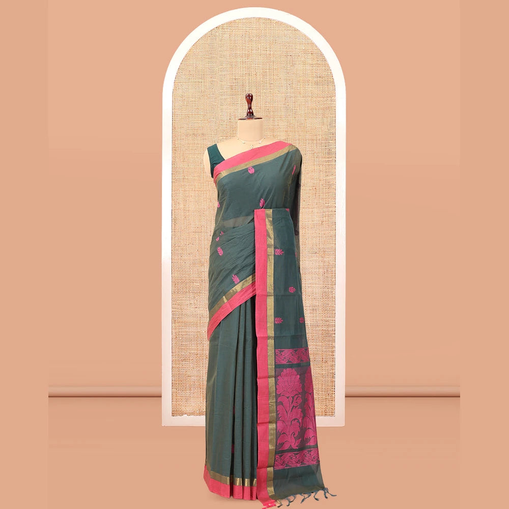 Pothys Green Kanchi Cotton Saree, Woven with Thread Buttas, a Contrast Border, Floral Design Pallu, and a Matching Blouse