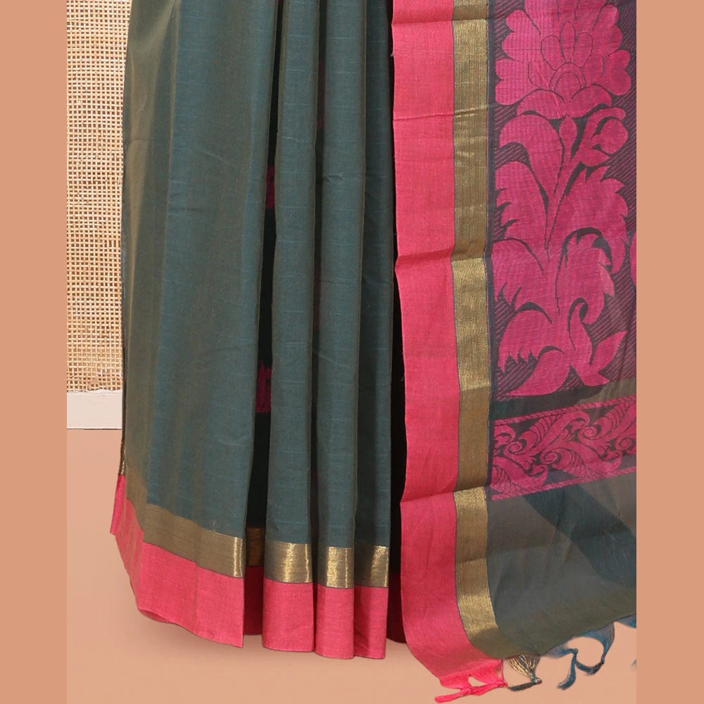 Pothys Green Kanchi Cotton Saree, Woven with Thread Buttas, a Contrast Border, Floral Design Pallu, and a Matching Blouse