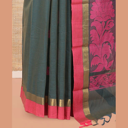 Pothys Green Kanchi Cotton Saree, Woven with Thread Buttas, a Contrast Border, Floral Design Pallu, and a Matching Blouse