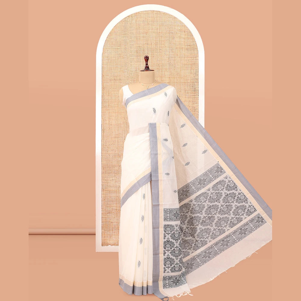Pothys White Kanchi Cotton Saree, Woven with Thread Buttas, a Contrast Border, Intricate Pallu, and a Matching Blouse