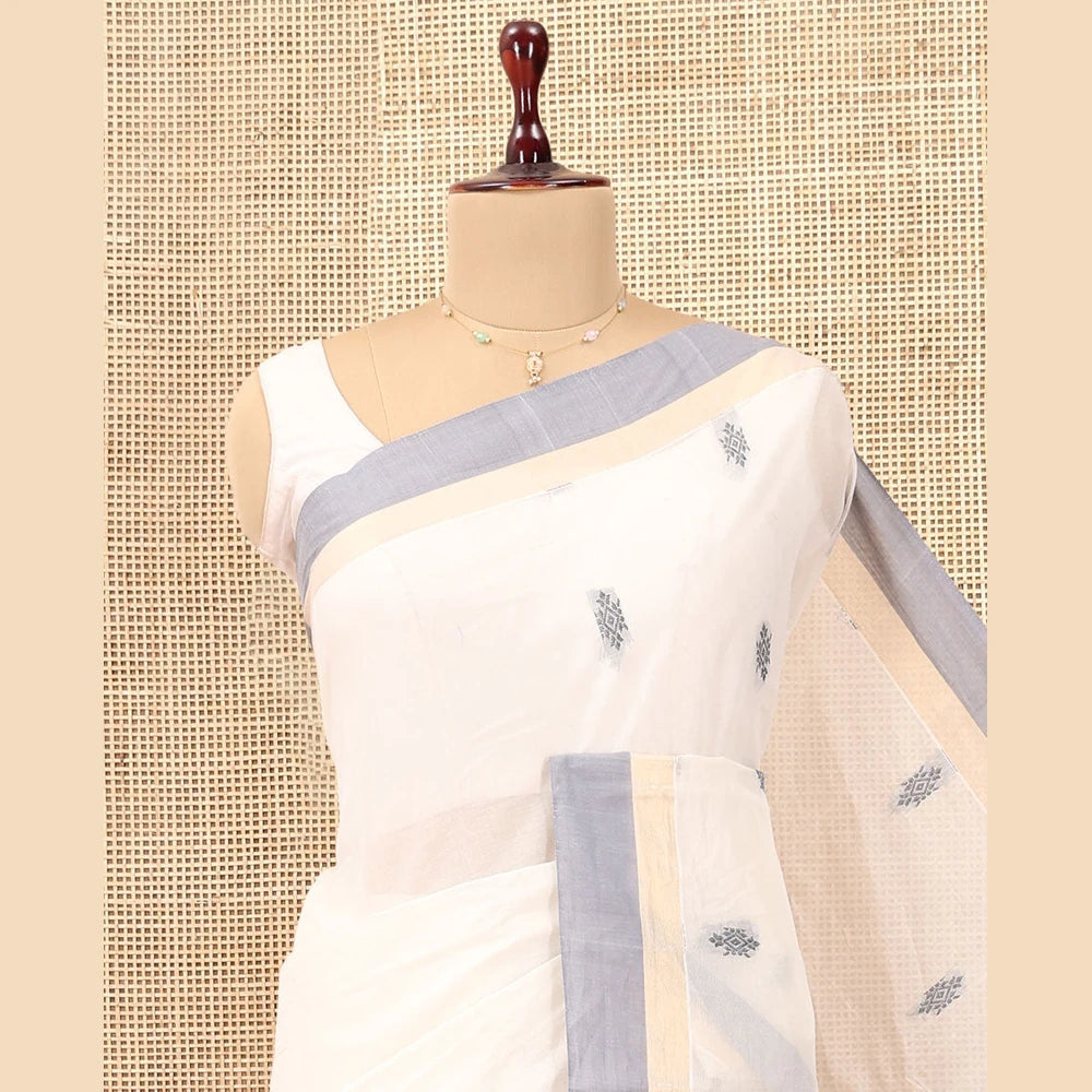 Pothys White Kanchi Cotton Saree, Woven with Thread Buttas, a Contrast Border, Intricate Pallu, and a Matching Blouse