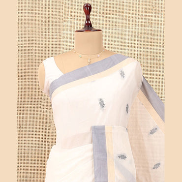Pothys White Kanchi Cotton Saree, Woven with Thread Buttas, a Contrast Border, Intricate Pallu, and a Matching Blouse