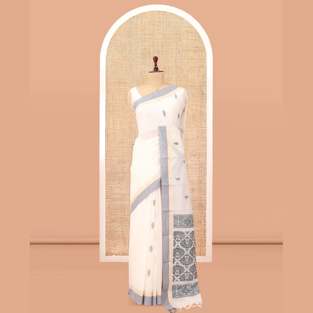 Pothys White Kanchi Cotton Saree, Woven with Thread Buttas, a Contrast Border, Intricate Pallu, and a Matching Blouse