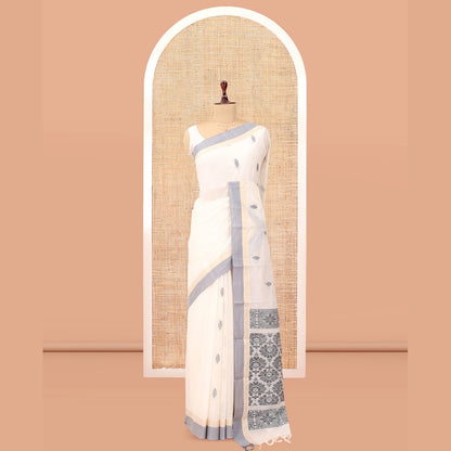 Pothys White Kanchi Cotton Saree, Woven with Thread Buttas, a Contrast Border, Intricate Pallu, and a Matching Blouse
