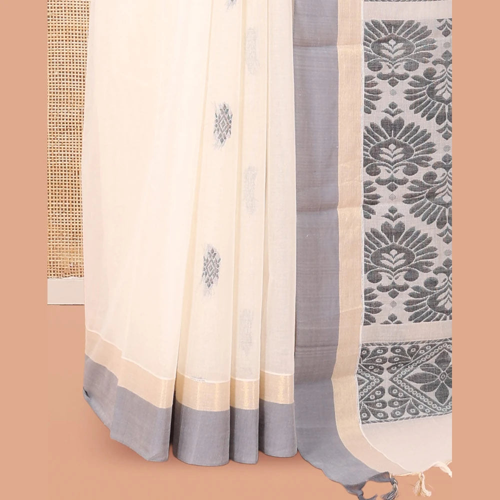 Pothys White Kanchi Cotton Saree, Woven with Thread Buttas, a Contrast Border, Intricate Pallu, and a Matching Blouse