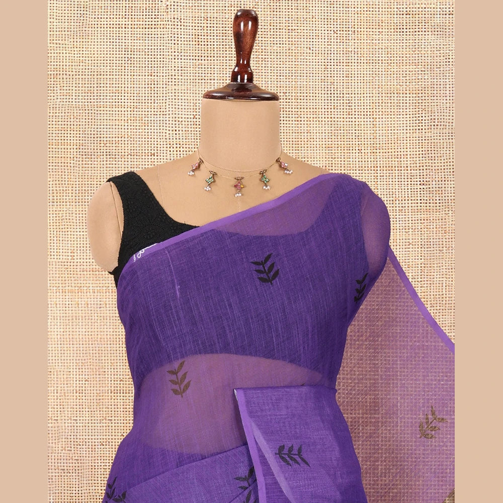 Pothys Borderless Purple Linen Cotton Saree with Leaf Print, a Contrast Leaf-Printed Pallu, and Contrast Blouse