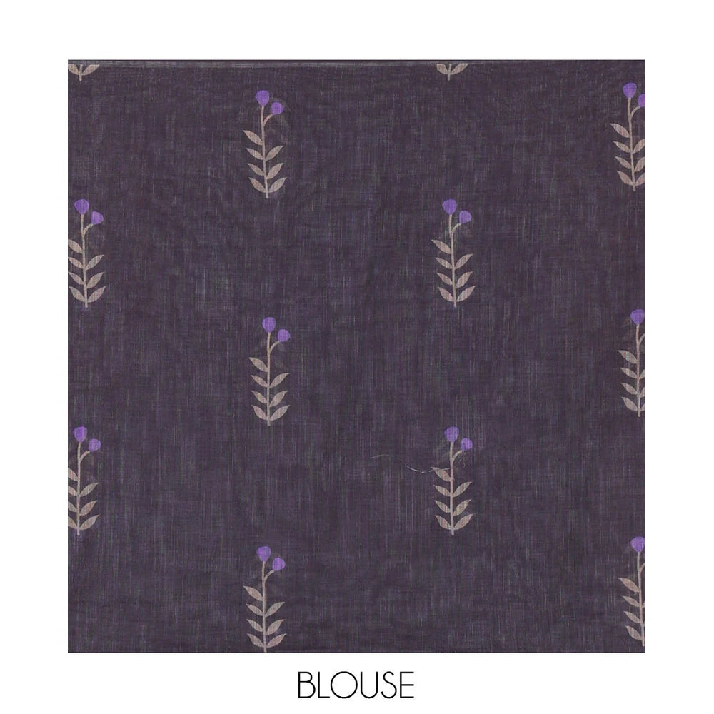Pothys Borderless Purple Linen Cotton Saree with Leaf Print, a Contrast Leaf-Printed Pallu, and Contrast Blouse