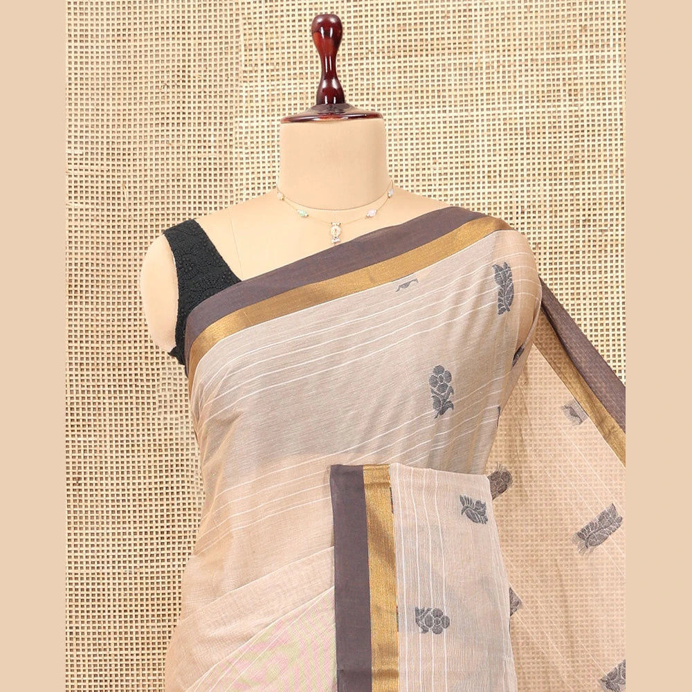 Pothys Light Sandal Kanchi Cotton Saree, Woven with Thread Buttas and Stripes, a Contrast Border, Intricate Pallu, and a Matching Blouse