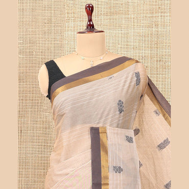 Pothys Light Sandal Kanchi Cotton Saree, Woven with Thread Buttas and Stripes, a Contrast Border, Intricate Pallu, and a Matching Blouse
