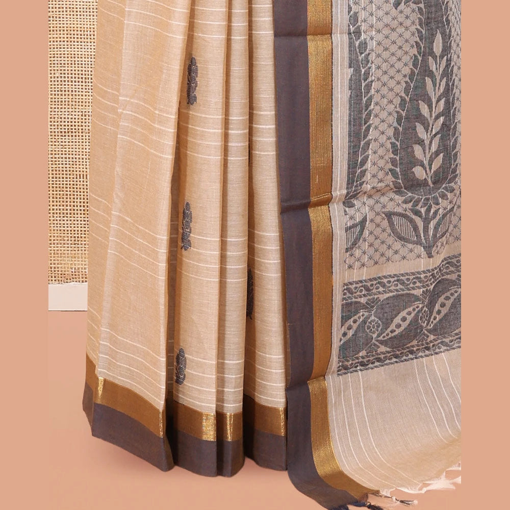 Pothys Light Sandal Kanchi Cotton Saree, Woven with Thread Buttas and Stripes, a Contrast Border, Intricate Pallu, and a Matching Blouse
