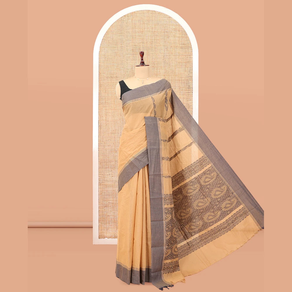 Pothys Sandal Kanchi Cotton Saree, Woven with Floral Designs, a Contrast Border, Paisley Pallu, and a Matching Blouse