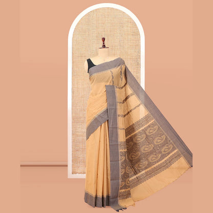 Pothys Sandal Kanchi Cotton Saree, Woven with Floral Designs, a Contrast Border, Paisley Pallu, and a Matching Blouse