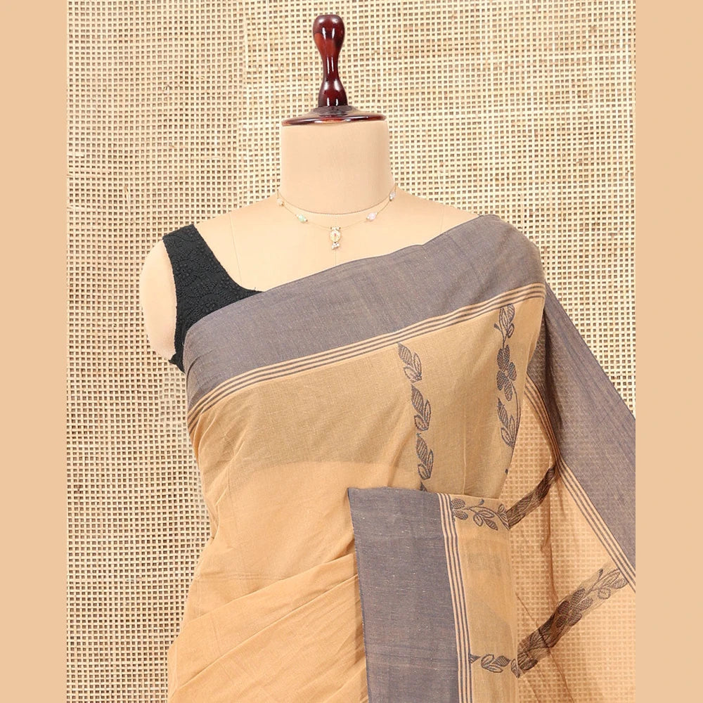 Pothys Sandal Kanchi Cotton Saree, Woven with Floral Designs, a Contrast Border, Paisley Pallu, and a Matching Blouse