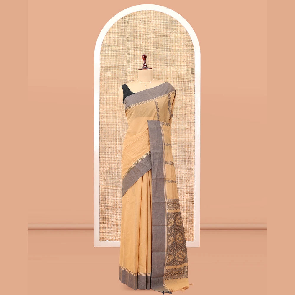 Pothys Sandal Kanchi Cotton Saree, Woven with Floral Designs, a Contrast Border, Paisley Pallu, and a Matching Blouse