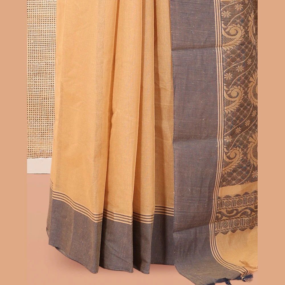 Pothys Sandal Kanchi Cotton Saree, Woven with Floral Designs, a Contrast Border, Paisley Pallu, and a Matching Blouse