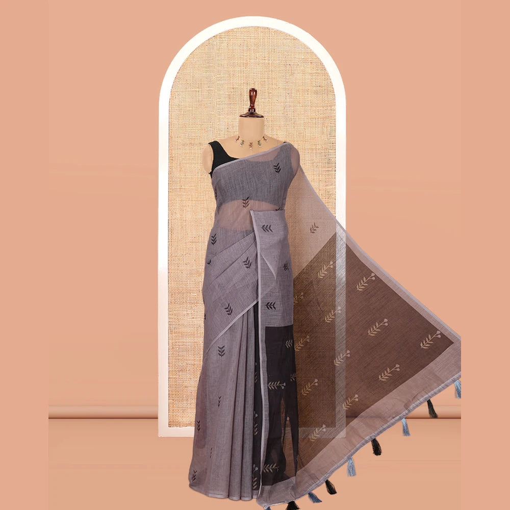 Pothys Borderless Grey Linen Cotton Saree with Leaf Print, a Contrast Leaf-Printed Pallu, and Contrast Blouse
