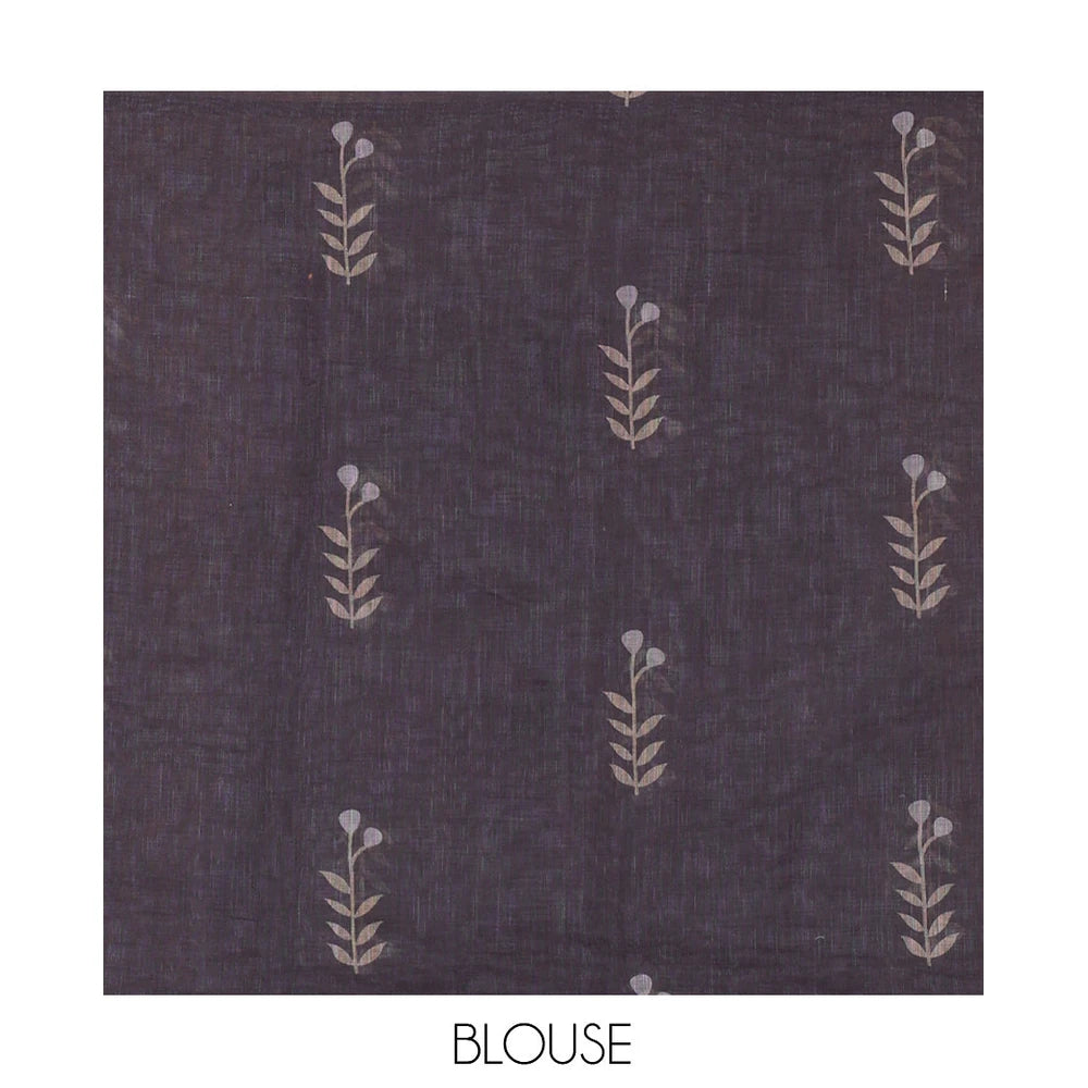 Pothys Borderless Grey Linen Cotton Saree with Leaf Print, a Contrast Leaf-Printed Pallu, and Contrast Blouse