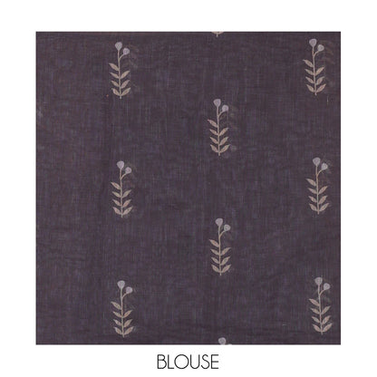 Pothys Borderless Grey Linen Cotton Saree with Leaf Print, a Contrast Leaf-Printed Pallu, and Contrast Blouse