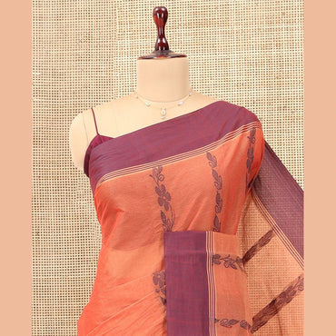 Pothys Orange Kanchi Cotton Saree, Woven with Floral Designs, a Contrast Border, Paisley Pallu, and a Matching Blouse