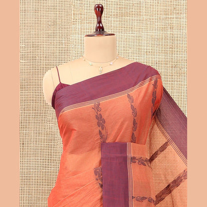Pothys Orange Kanchi Cotton Saree, Woven with Floral Designs, a Contrast Border, Paisley Pallu, and a Matching Blouse