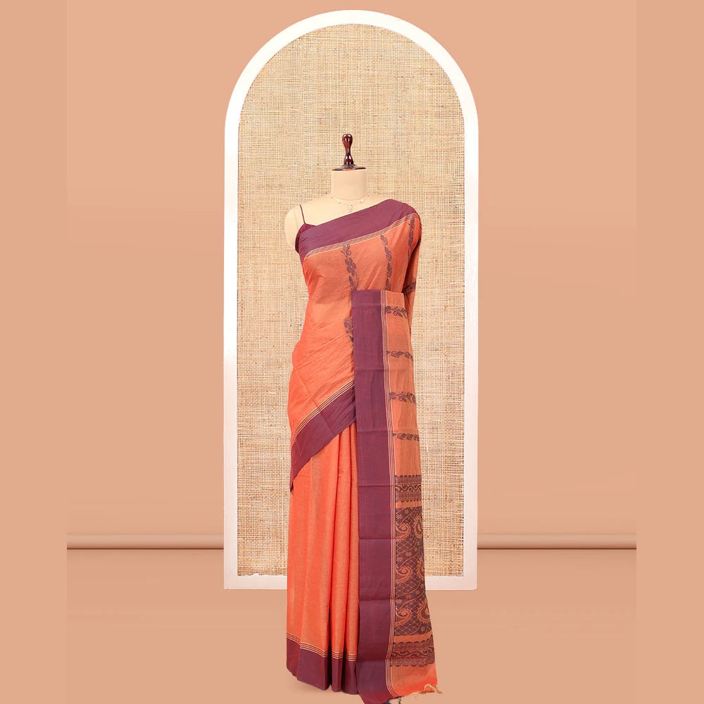 Pothys Orange Kanchi Cotton Saree, Woven with Floral Designs, a Contrast Border, Paisley Pallu, and a Matching Blouse