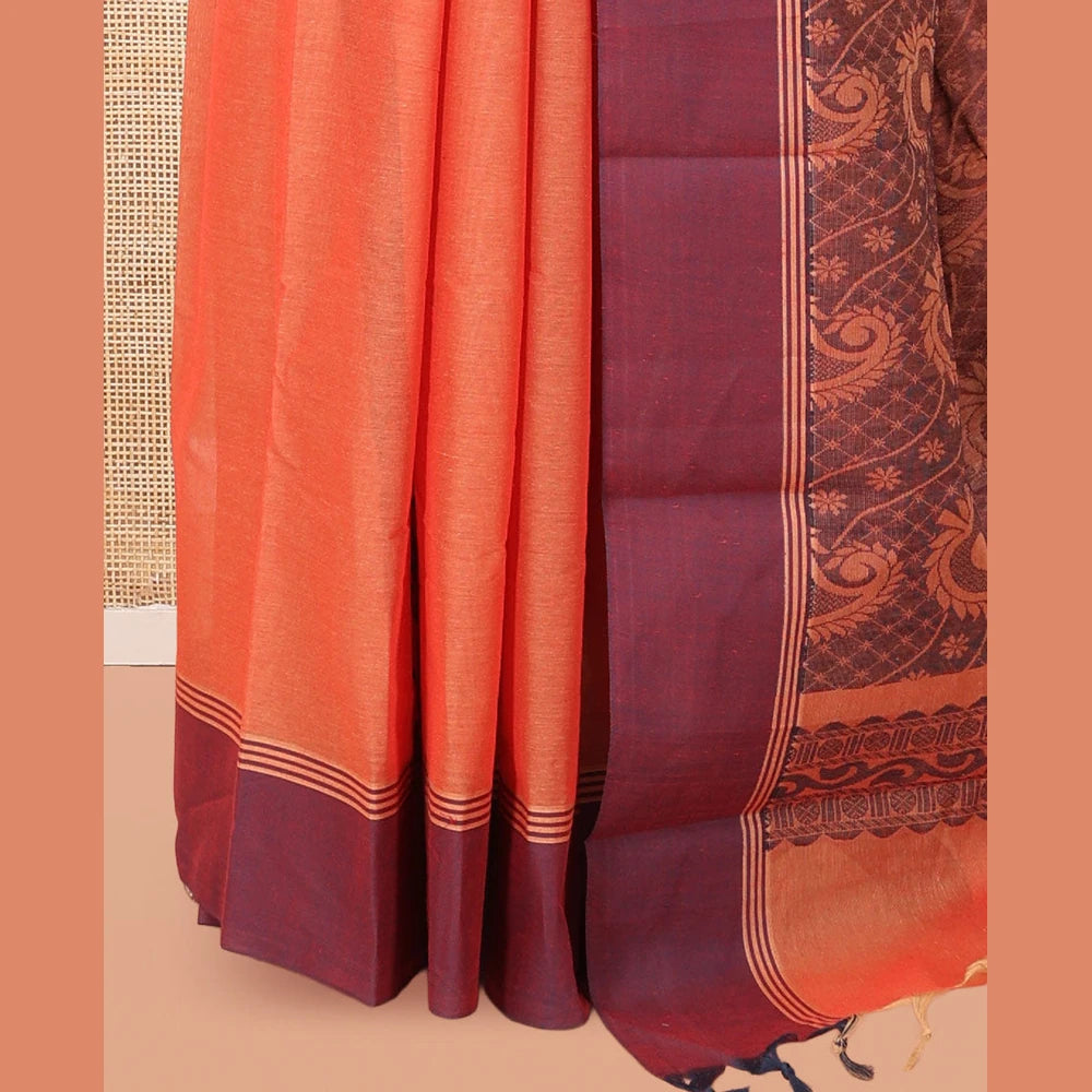 Pothys Orange Kanchi Cotton Saree, Woven with Floral Designs, a Contrast Border, Paisley Pallu, and a Matching Blouse
