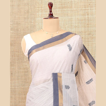 Pothys Grey Kanchi Cotton Saree, Woven with Floral Buttas and Stripes, a Contrast Border, Paisley Pallu, and a Matching Blouse