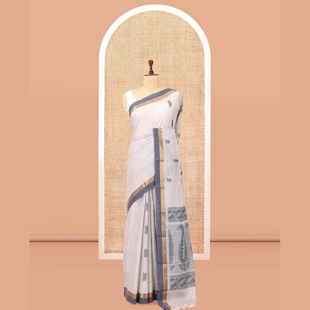 Pothys Grey Kanchi Cotton Saree, Woven with Floral Buttas and Stripes, a Contrast Border, Paisley Pallu, and a Matching Blouse