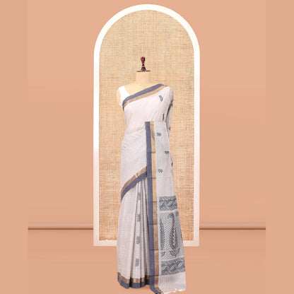 Pothys Grey Kanchi Cotton Saree, Woven with Floral Buttas and Stripes, a Contrast Border, Paisley Pallu, and a Matching Blouse