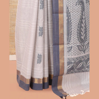 Pothys Grey Kanchi Cotton Saree, Woven with Floral Buttas and Stripes, a Contrast Border, Paisley Pallu, and a Matching Blouse